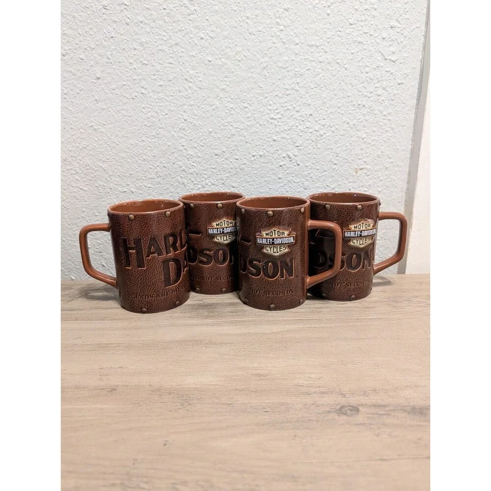 Harley Davidson Mug Lot of 3 2003 Brown 3D Embossed Faux Leather Motorcycle Vtg